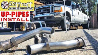 2001 F350 73  RiffRaff UpPipes Install  Stock up pipes leaking and falling apart JUNK SP [upl. by Gibbon157]